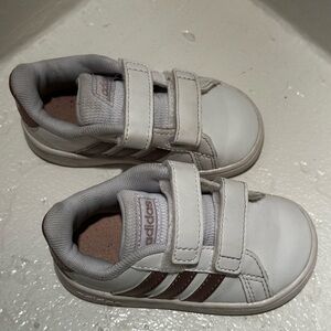 adidas Kids White Sneakers with Brown Stripes Velcro Closure